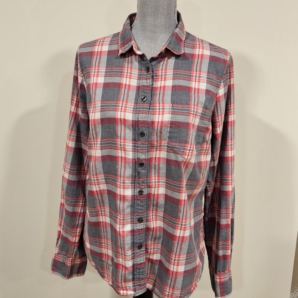 J. Crew Women's Casual Plaid Flannel Shirt - Pink and Gray